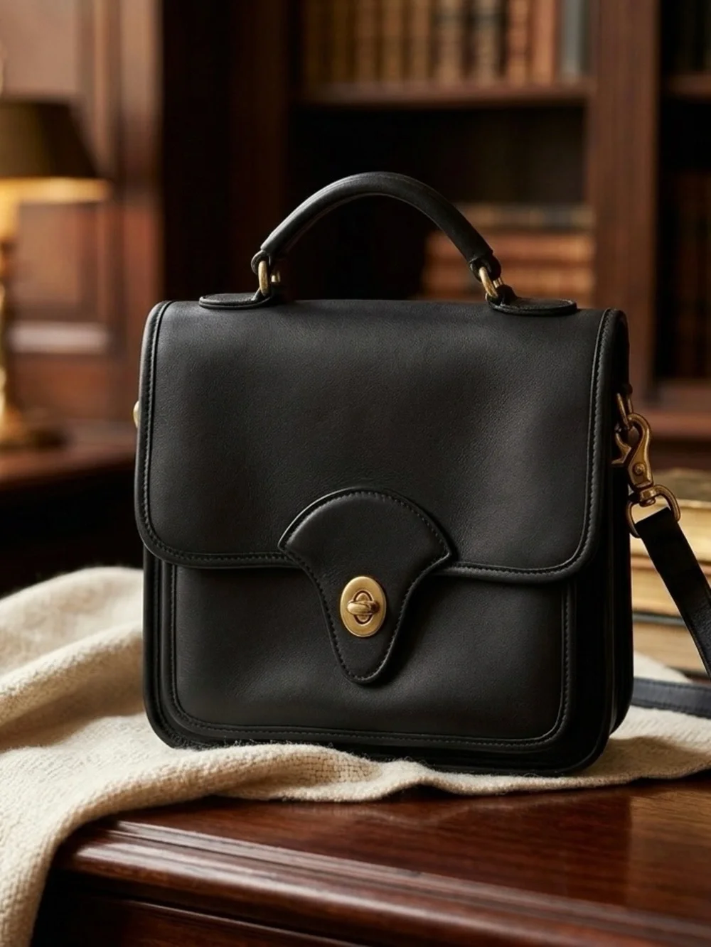 VTG Kirkland Signature Black Leather Crossbody Station Bag Flap Top Handle